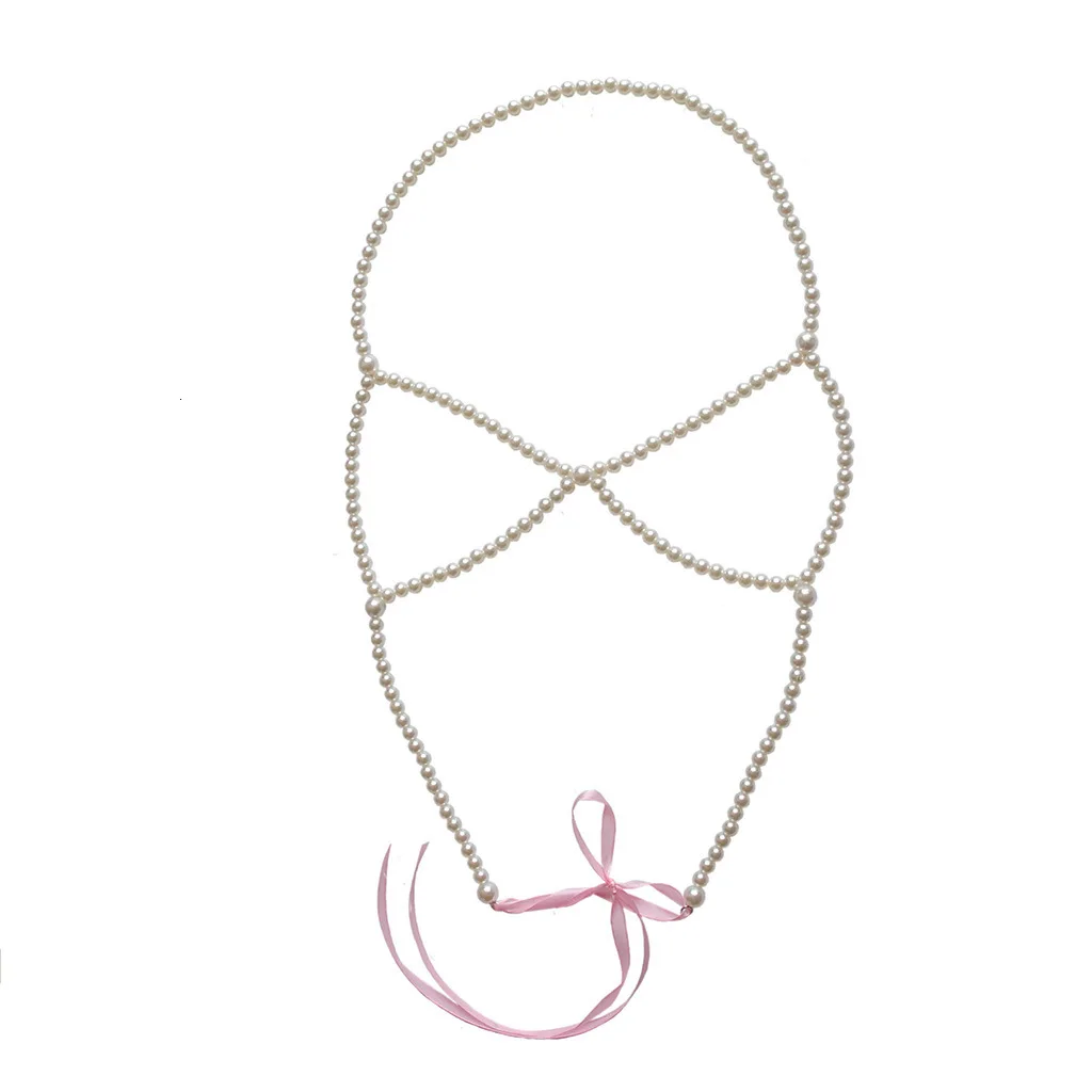 

Handmade Weaving Pearl String Breast Chain Vintage Women Body Jewelry Necklace Statement Harness Summer Sexy Bra Chain