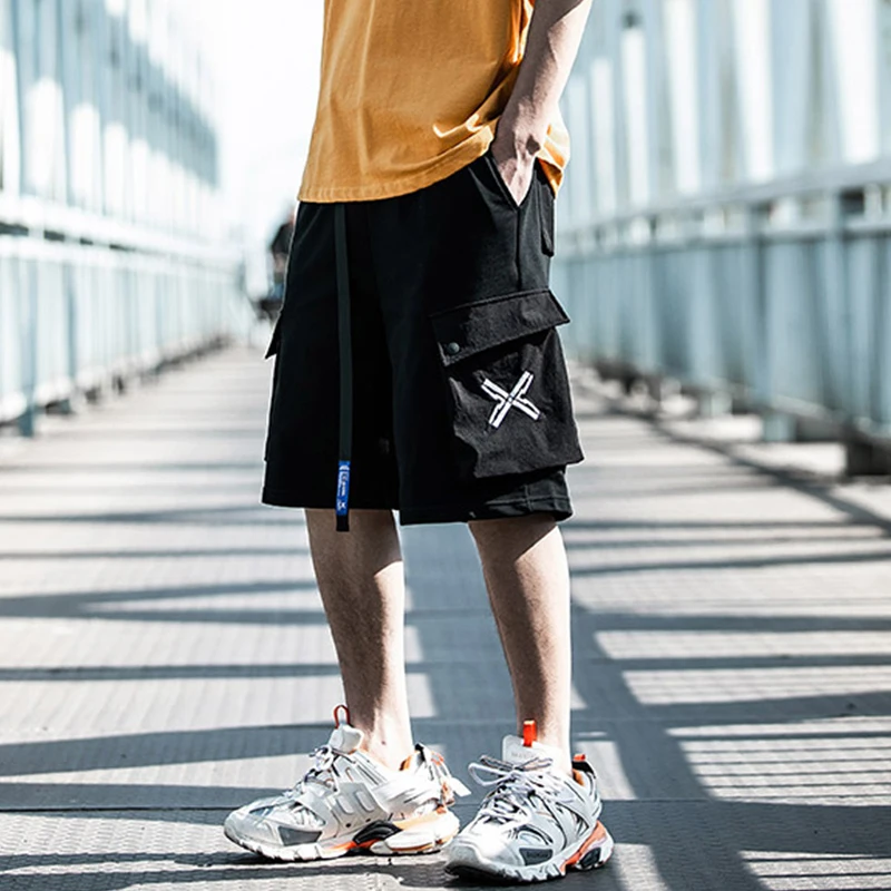 

Techwear Pockets Letter Print Hip Hop Streetwear Men Cargo Shorts Summer Harajuku Cotton Embroidery Loose Casual Short Pants