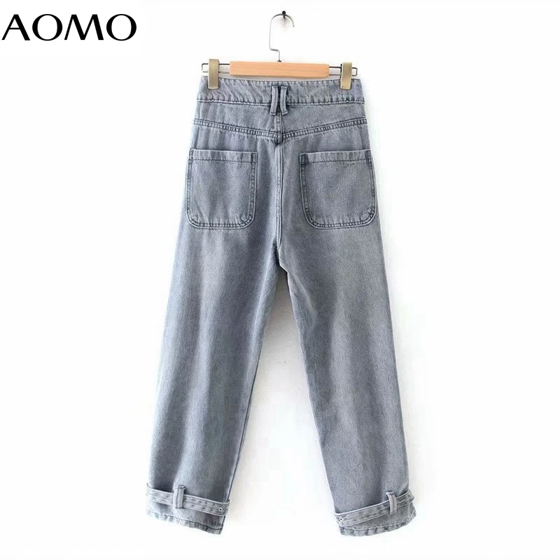 

AOMO 2020 new women high waist jeans pants with leg belt long trousers pockets zipper female pants 2X2A