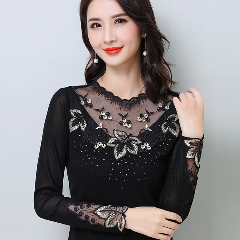 

M-4XL Plus size women blouse shirt New 2020 Spring long sleeve embroidery mesh shirt Elegant Hollow out women tops