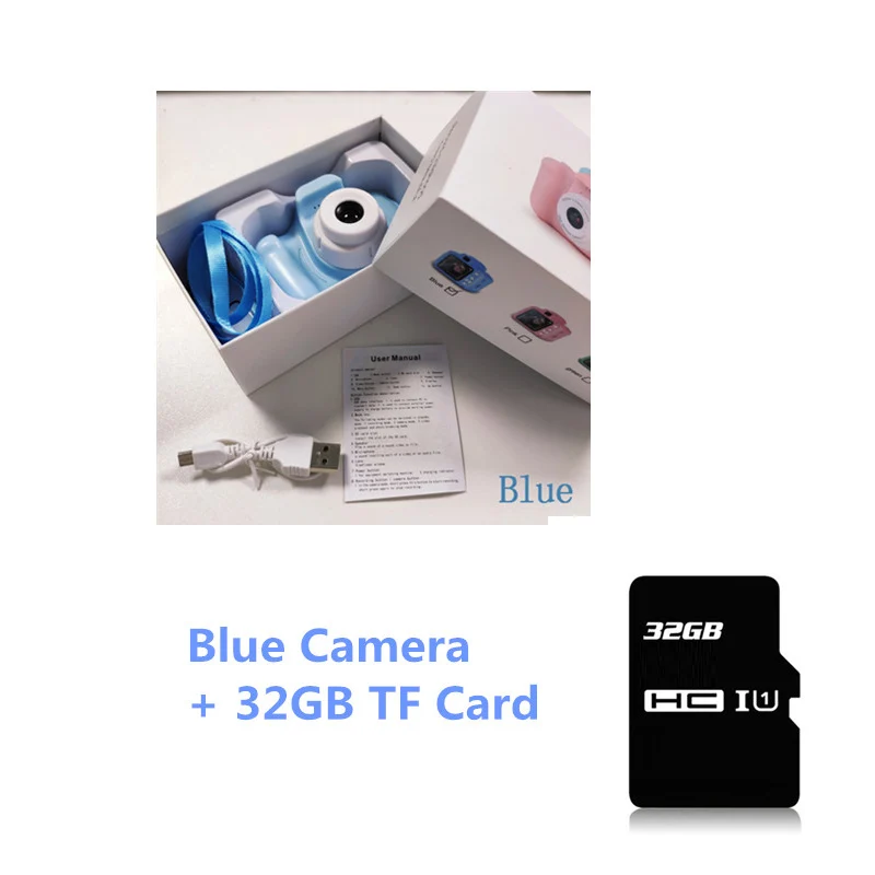 32GB Blue Camera Детская игрушечная мини-камера милый видеокамера Перезаряжаемые цифровой Камера с 2-дюймовым Экран дисплея Развивающие игрушки для детей игры на свежем воздухе - Цвет: 32GB Blue Camera