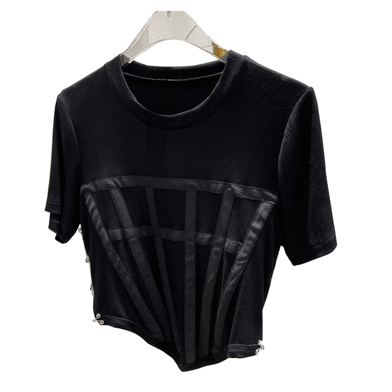 

TWOTWINSTYLE Casual White T Shirt For Women O Neck Short Sleeve Patchwork Buckle Loose T Shirts Female Summer Fashion 2021 Style