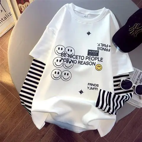 

[ARQ] Spring and Autumn 2021 new fake two T shirts ladies cartoon print stripe splicing long sleeves loose large size blouse