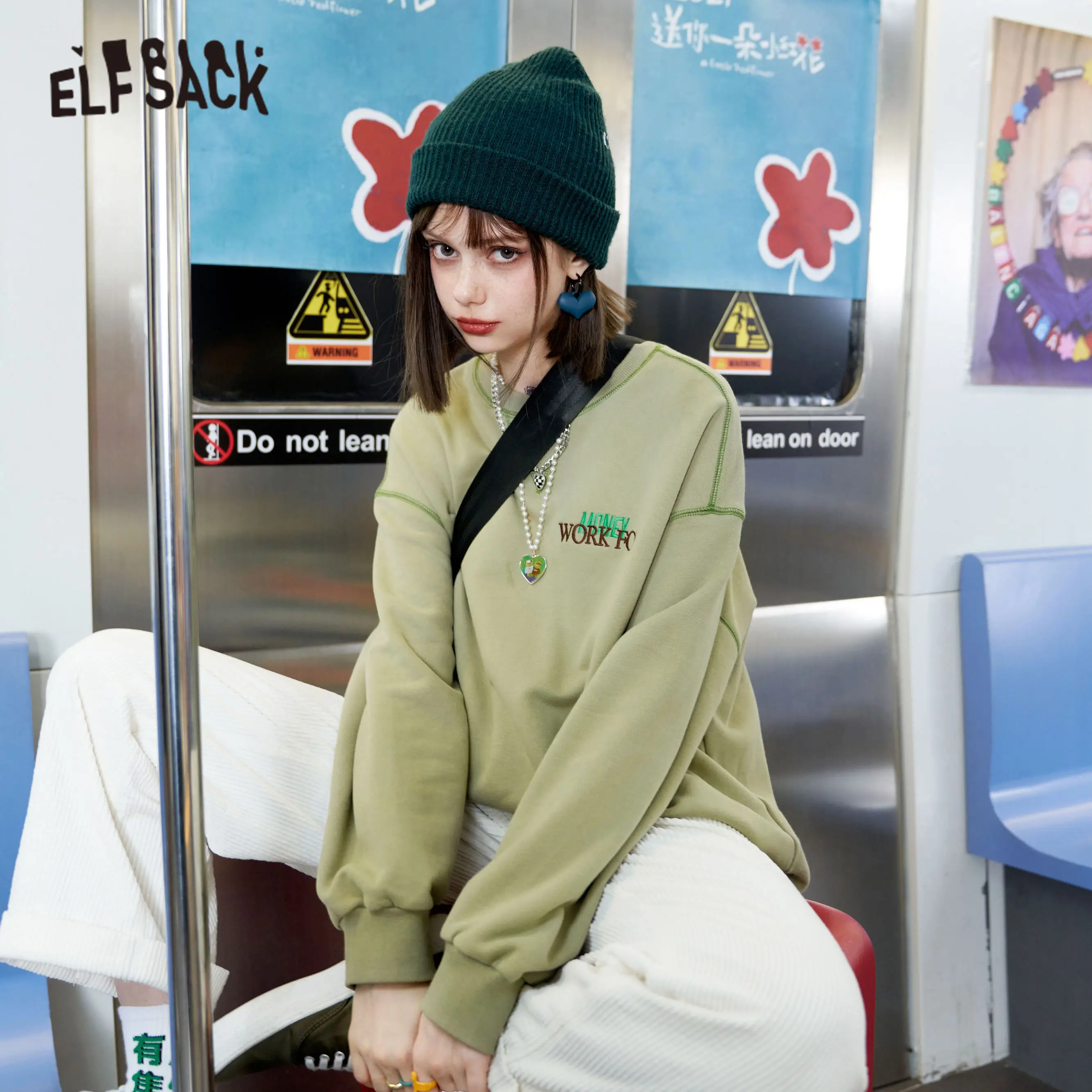 

ELFSACK Harajuku Повседневный жаккардовый пуловер с надписью, Женская толстовка, 2021 осенний шикарный корейский женский Повседневный теплый топ