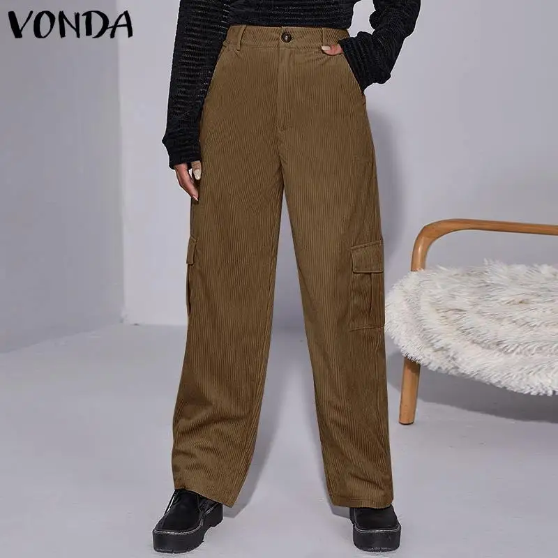 

Женские вельветовые брюки VONDA, винтажные Прямые повседневные длинные брюки с высокой талией и широкими штанинами, большие размеры, 2022