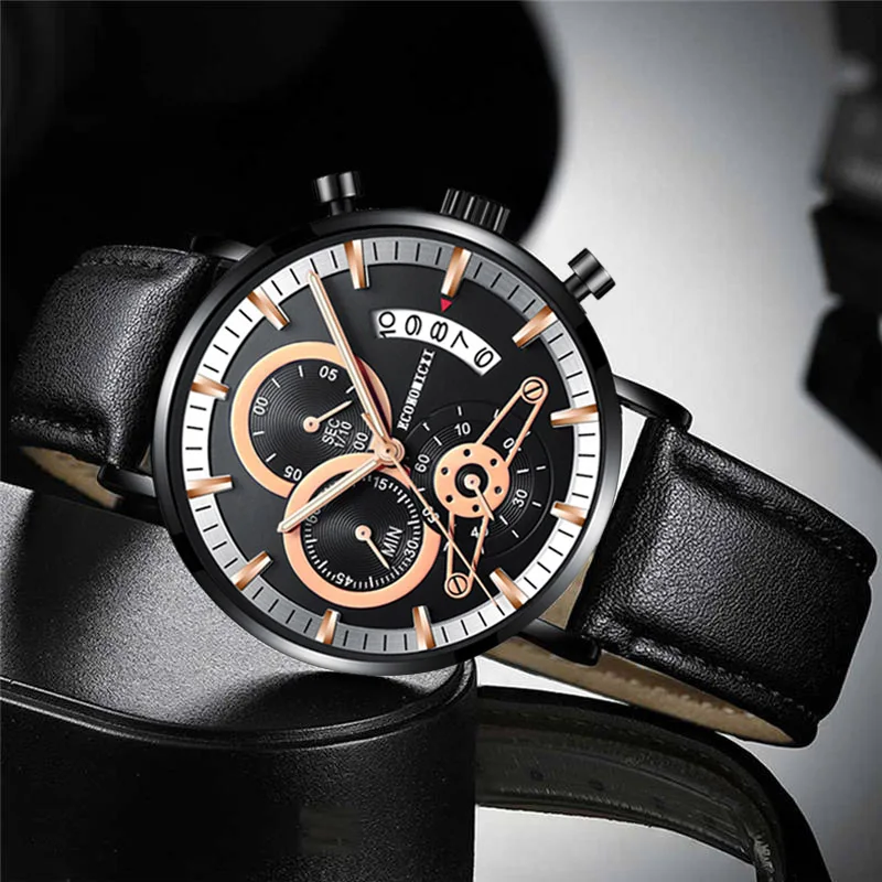 Новые Бизнес Мужские часы кожа черный кварц многофункциональный календарь