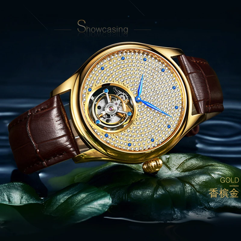 للبيع ساعات رجالي 2020 فاخرة توربيون ساعة الياقوت مقاوم للماء بلورات بدون أرقام الطلب حلقة من جلد الذهب التخصيص