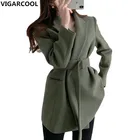 Пальто женское Шерстяное с двумя карманами, имитация шерсти, с поясом, Корейская версия