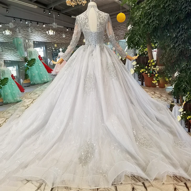 LS11026G high quality grey women occasion dress ball gown tassel beaded high neck tulle long sleeve shiny mother of bride  dress