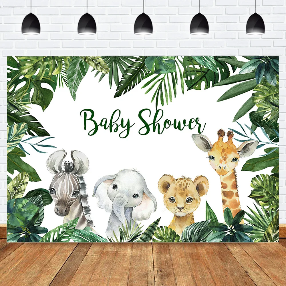 

Animal Jungle Baby Shower Photography Backdrop Photocall Newborn Portrait Background Green Leaves Elephant Giraffe Zebra Leopard