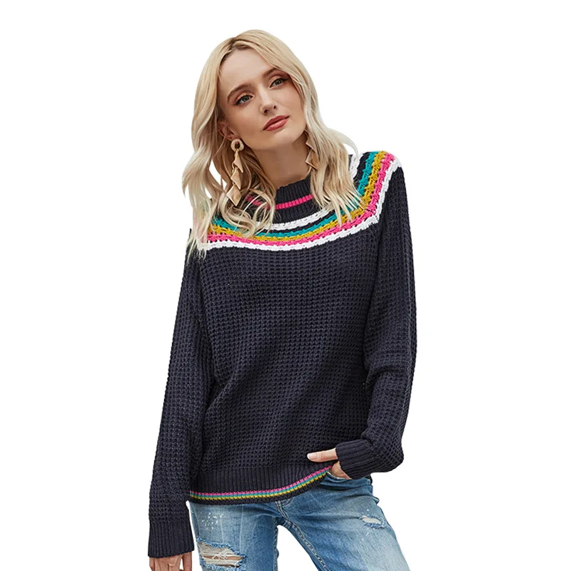 

Contrast stripes stitching O-Neck Long-sleeved Knitting Sweater Women Casual Lady Tops for Women Autumn Winter New Fashion
