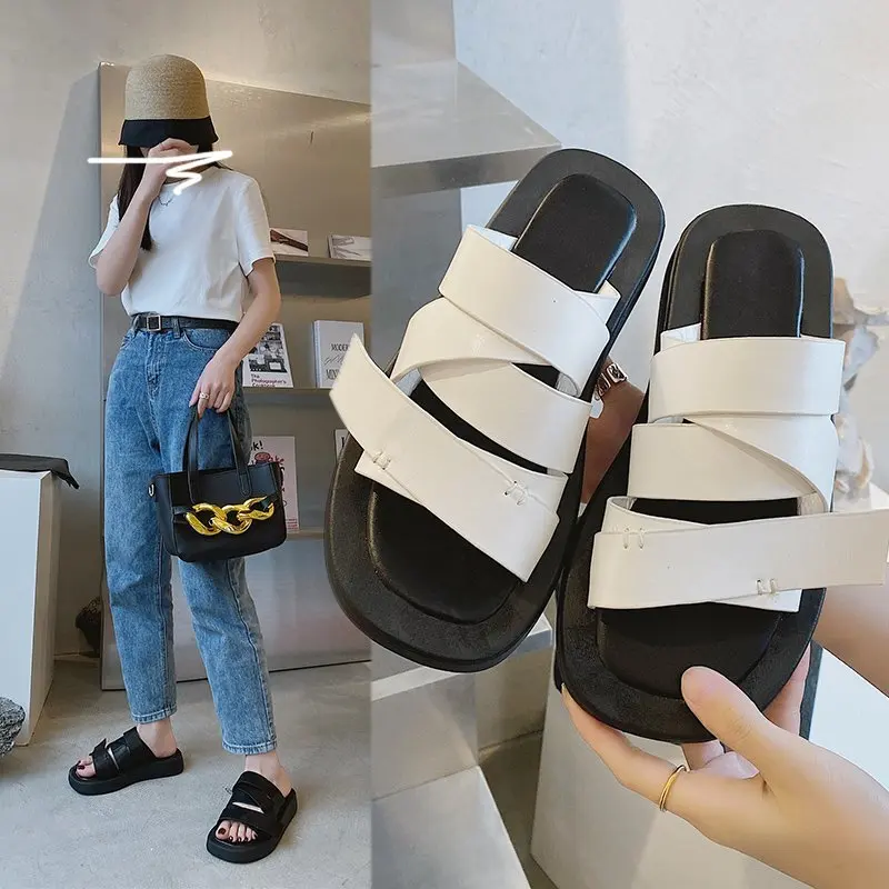 Zomer Vrouwen Platte Hakken sandaux Vrouwen 2021 платформа sandaux Mode  Metalen Gesp дамские тапочки Dikke Zool женские сандалии | Обувь |  АлиЭкспресс