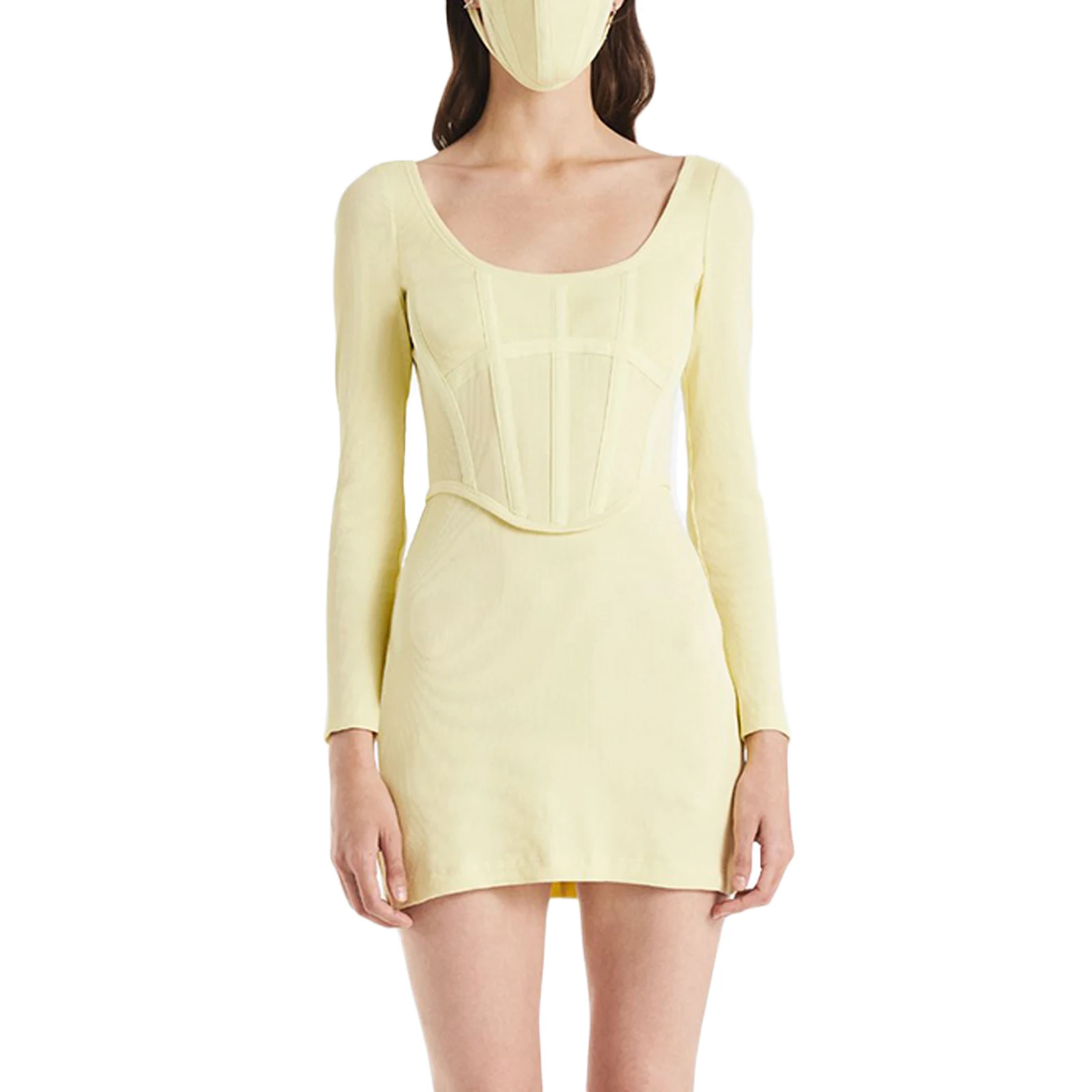 

Ladies Sexy U-neck Dress Autumn Women Temperament Solid Color Fishbone Splicing Long Sleeve Slim Short Dress