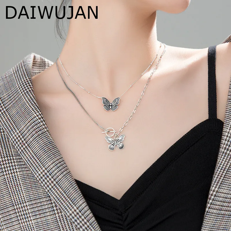 

DAIWUJAN Retro 925 Thai Silver Butterfly Pendant Necklace Female Vintage Beads Chain Choker Neckalces For Women Accessories