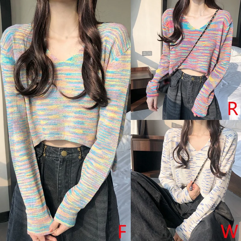 

Rainbow Dyed Stitching V-neck Long-sleeved Sweater Loose Short Outer Wear Blouse