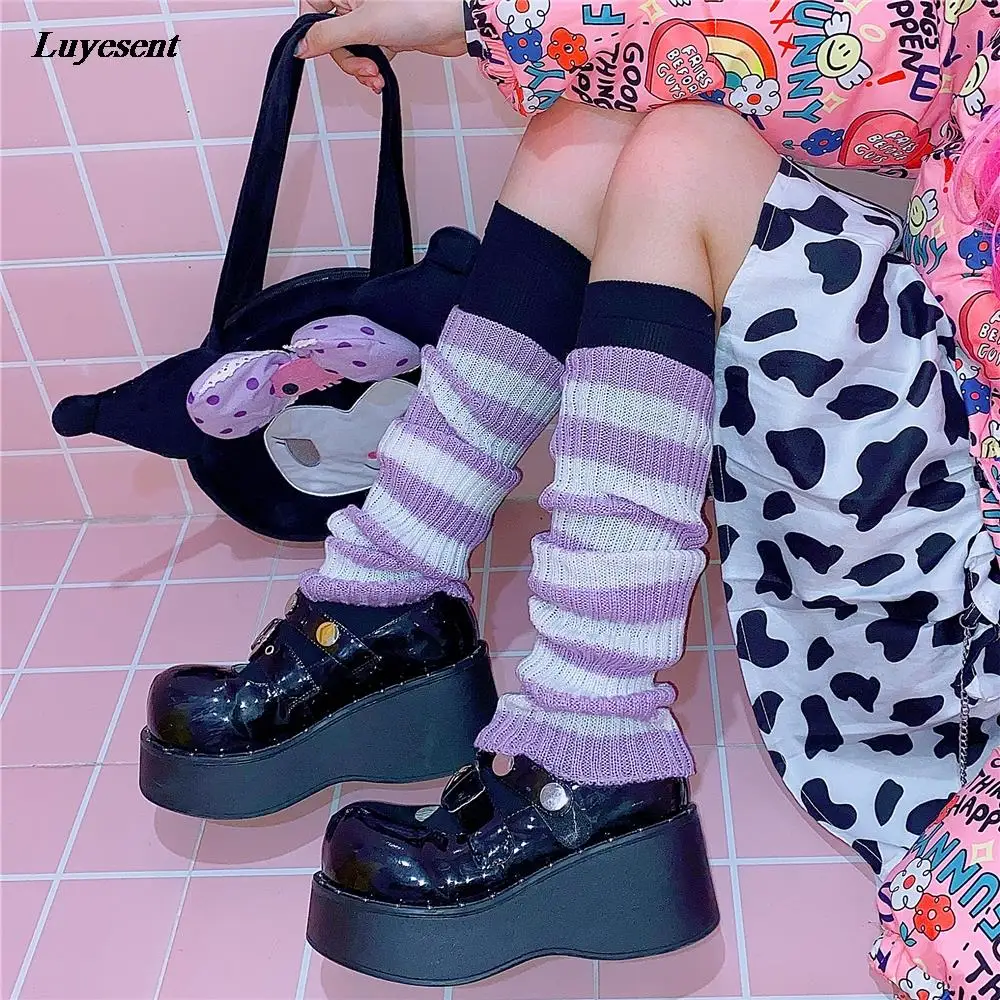 2021 Autumn Winter Goth Striped Women Leg Warmers Lady Cute Jk Stretch Knee-length Cool Hipster Warm Knit Sock Fashion Socks