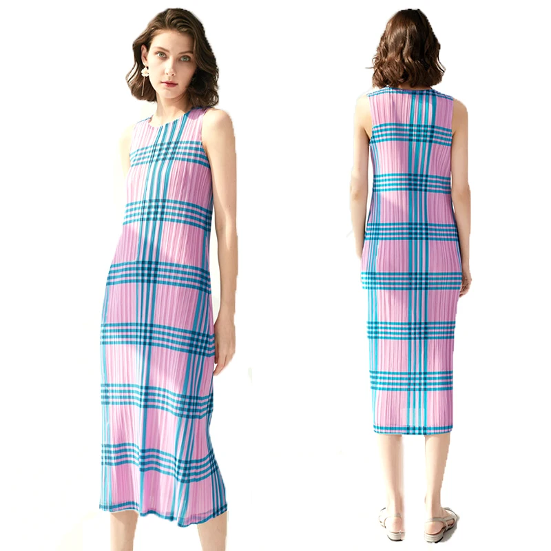 

Pleated Round Neck Plaid Dress Sleeveless Mid-length Skirt Casual Fashion Korean Style Female Temperament Slim Skirt