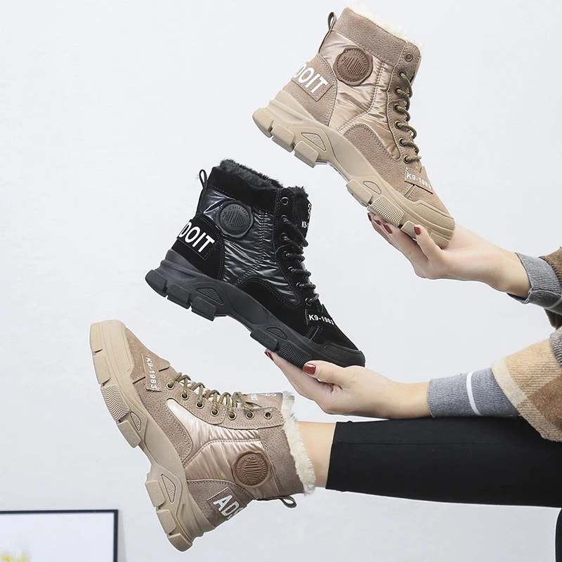 Нескользящие зимние теплые плюшевые ботильоны меховые кроссовки женские