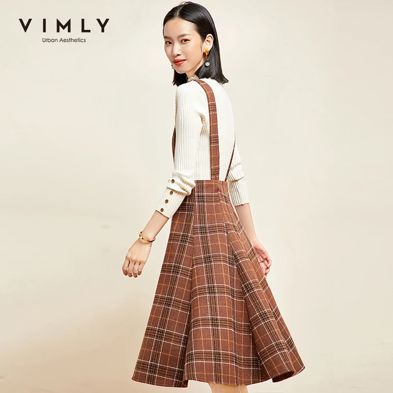 Vimly 2020 осенне-зимняя женская Клетчатая Шерстяная Юбка на бретелях Элегантная с