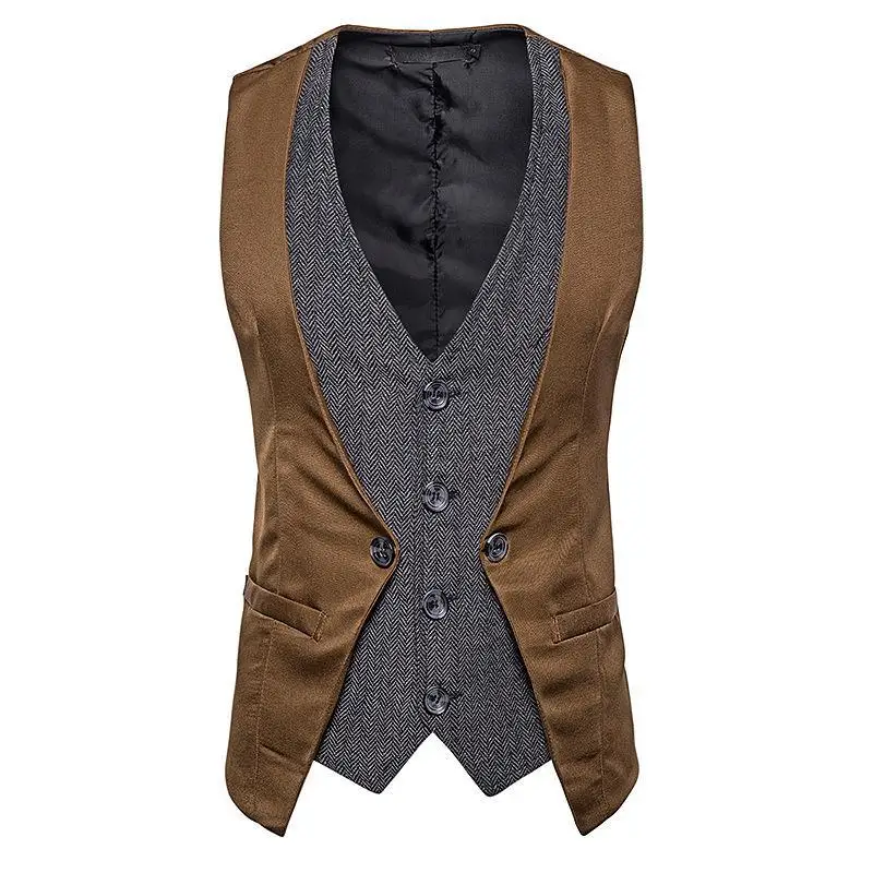

Men's Vests Splicing V Neck Herringbone Satin Single Breasted Slim Fit Formal Leisure Male Clothing Steampunk жилетка мужская