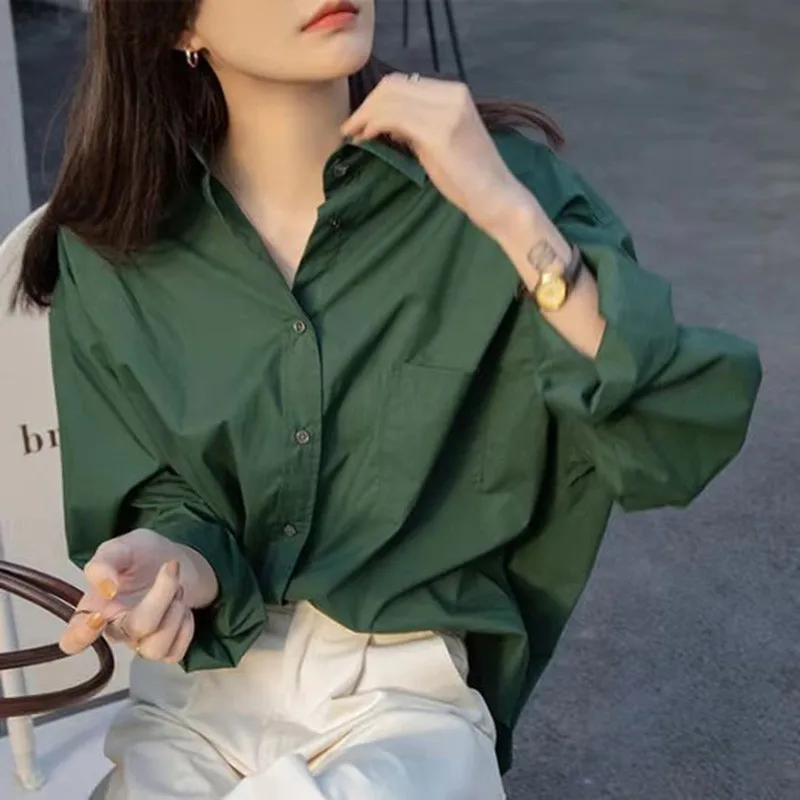 

Женская однобортная блузка, Повседневная Свободная блузка с длинным рукавом и отложным воротником, в Корейском стиле, весна-осень 2021