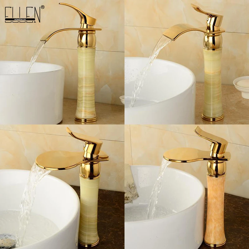 

Высокие Смесители для ванной комнаты, Золотой водопад, смеситель для раковины, золотой нефритовый смеситель для раковины, смеситель для горячей и холодной воды с креплением на раковину ELS1504G