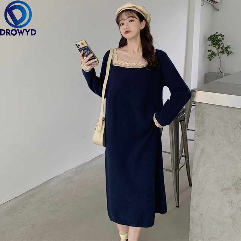 

2021 Autumn/Winter Long Over-the-knee Square-neck Lace-trimmed Knitted Dress with Straight Inner Sweater Stretch Pullover Dress