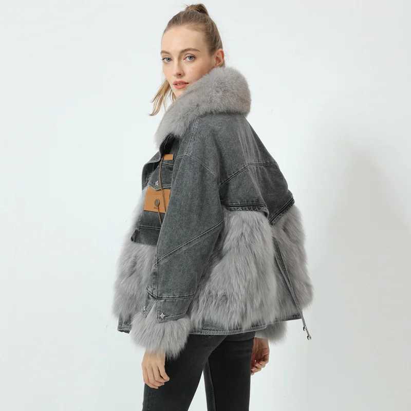

SHZQ корейское пальто из лисьего меха Женское зимнее 2021 Новое Ковбойское Сращивание короткий пух Паркер для преодоления женского тренда