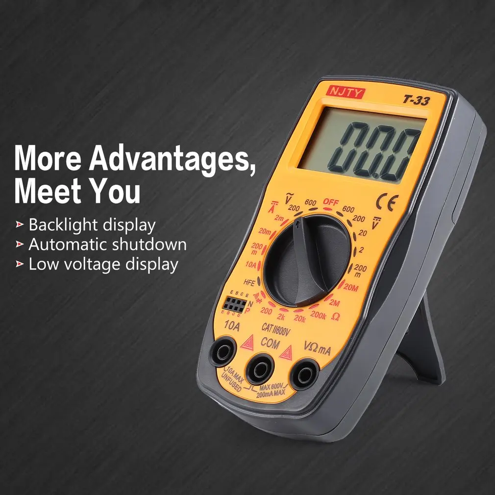 NJTY T-33 Digital Multimeter DC/AC Voltage Current Meter Mini Ammeter Ohm Diode HFE Continuity Tester 2000 Counts Multitester |