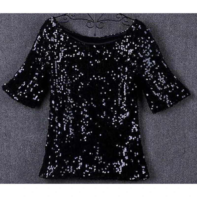 

Women Sequined Round Neck Short Sleeve T-shirt AM1193