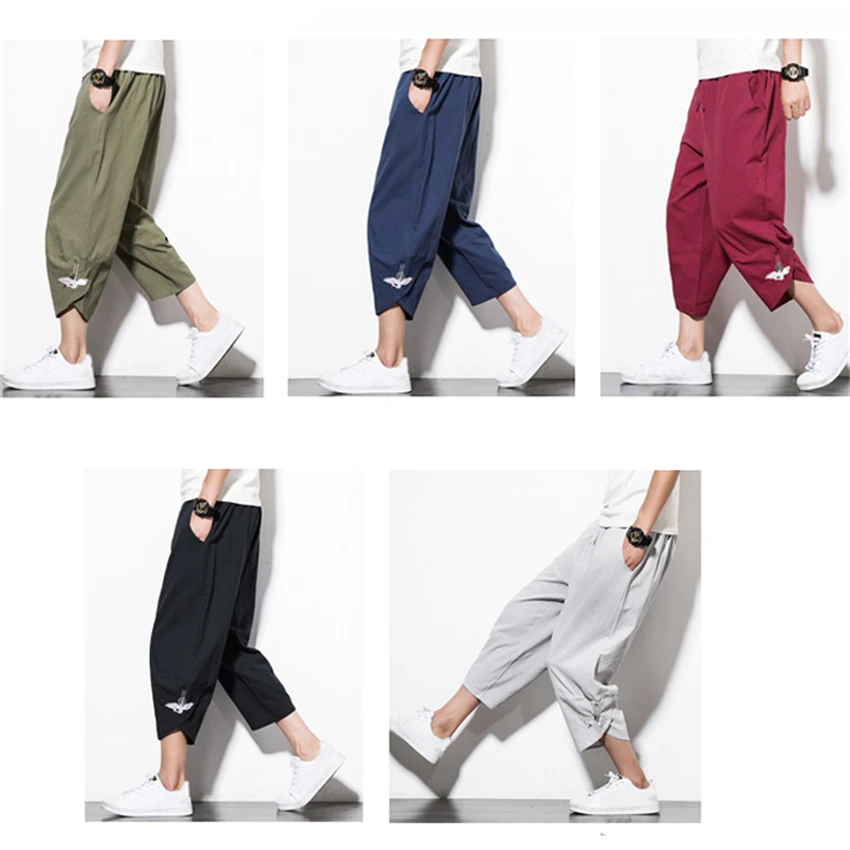 Мужские брюки в японском стиле Харадзюку свободные бриджи с рисунком журавлей