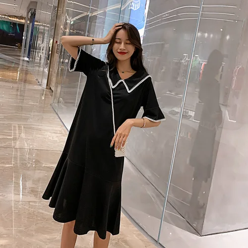 Летнее свободное Черное женское платье с коротким рукавом большие размеры