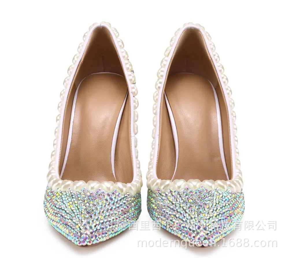 

Korean fashion high end wedding shoes handmade pointed sexy color drill shallow mouth thick heel high heels