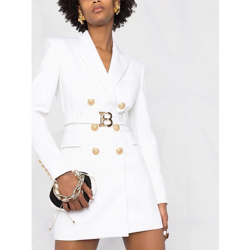 S-3XL High-quality New Black And White Two-color Lapel Double-breasted Belt Slim Long-sleeved Casual Commuter Women's Coat Dress