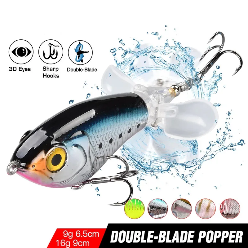 

Whopper Popper Fishing Lure For Carp Pike Topwater Floating Double Propeller Soft Rotating Tail Hard Bait Bass Swimbait 9g 16g