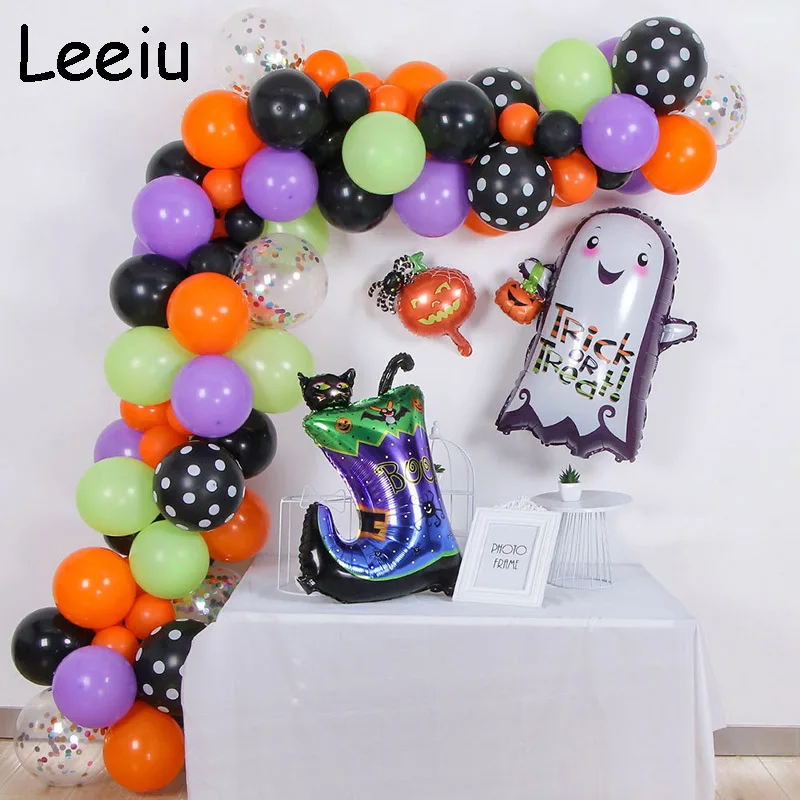 Leeiu Halloween Balloons Arch Kit Ghost Latex Balloon Halloween Decoration Black Orange Tinsel Fringe Party Background Curtains