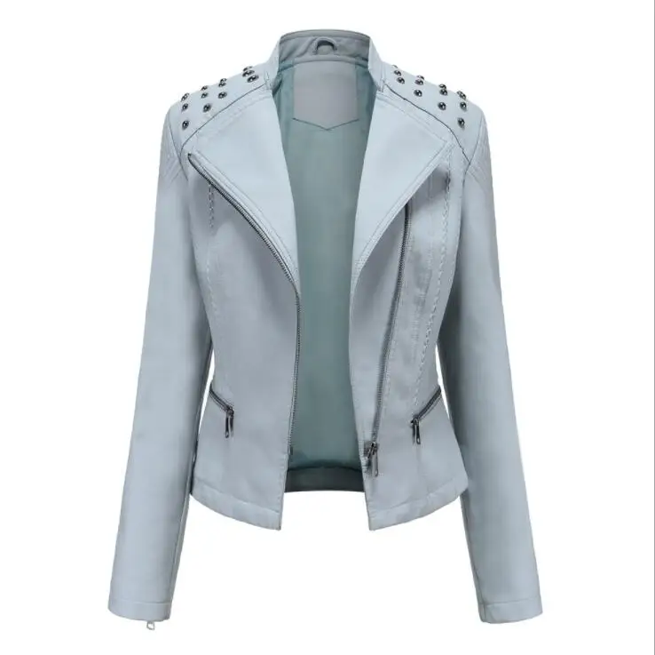 6 Colors Special Women Lapel Rivet Leather Jacket Women's leather jacket Slim Overcoat Eurocode PU Leather Coat