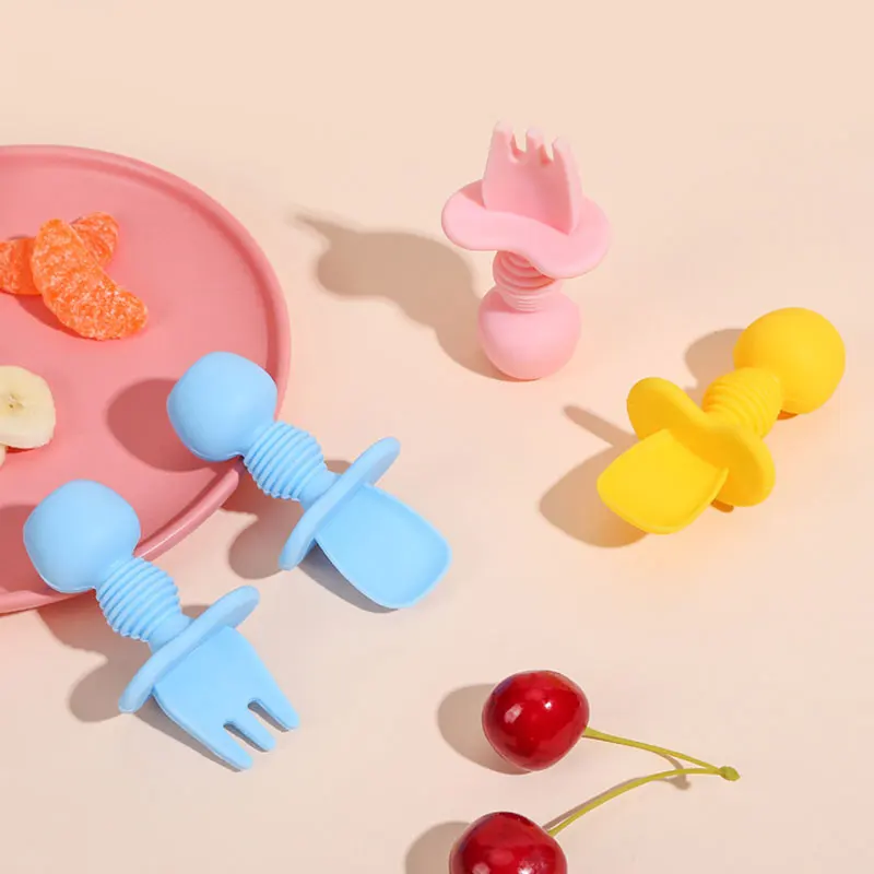 

Portable Cartoon Spoon Fork Set Soft Silicone Kids Training Spoon Short Handle Child Tableware Heat-Resistant Utensils