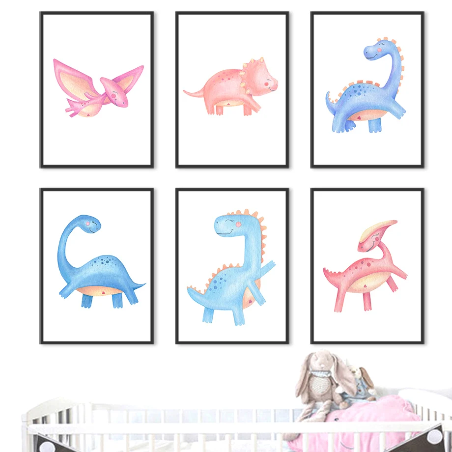 

Pink Blue Smiley Face Dinosaur Pterosaur Wall Art Canvas Painting Nordic Posters And Prints Wall Pictures Baby Kids Room Decor