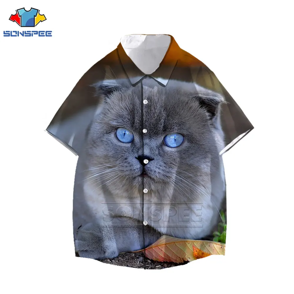 

SONSPEE British Shorthair Cat Animal Shirt New Men Women Harajuku Blue Print Comfortable Fashion Unique Short Sleeve Top Shirt