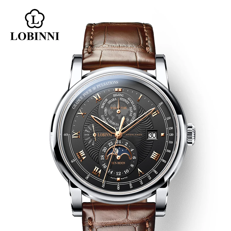 sliver-black-brown-r Швейцария LOBINNI мужской роскошный бренд часов Moon Phase автоматические механические мужские наручные часы Сапфировая кожа Чайка движение для мужчин t - Цвет: sliver-black-brown-r