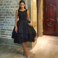 short black evening dresses 2022 tea length satin and tulle party prom gown tiered appliques sexy open back o neck sleeveless