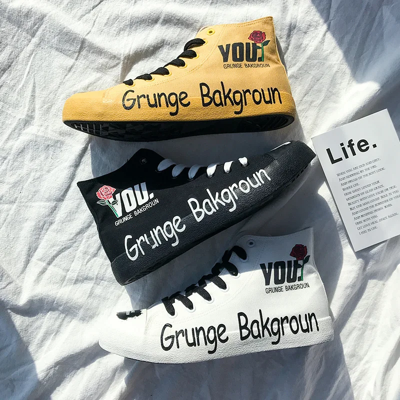 Кеды мужские с высоким верхом холщовые кроссовки буквенным принтом цветочным