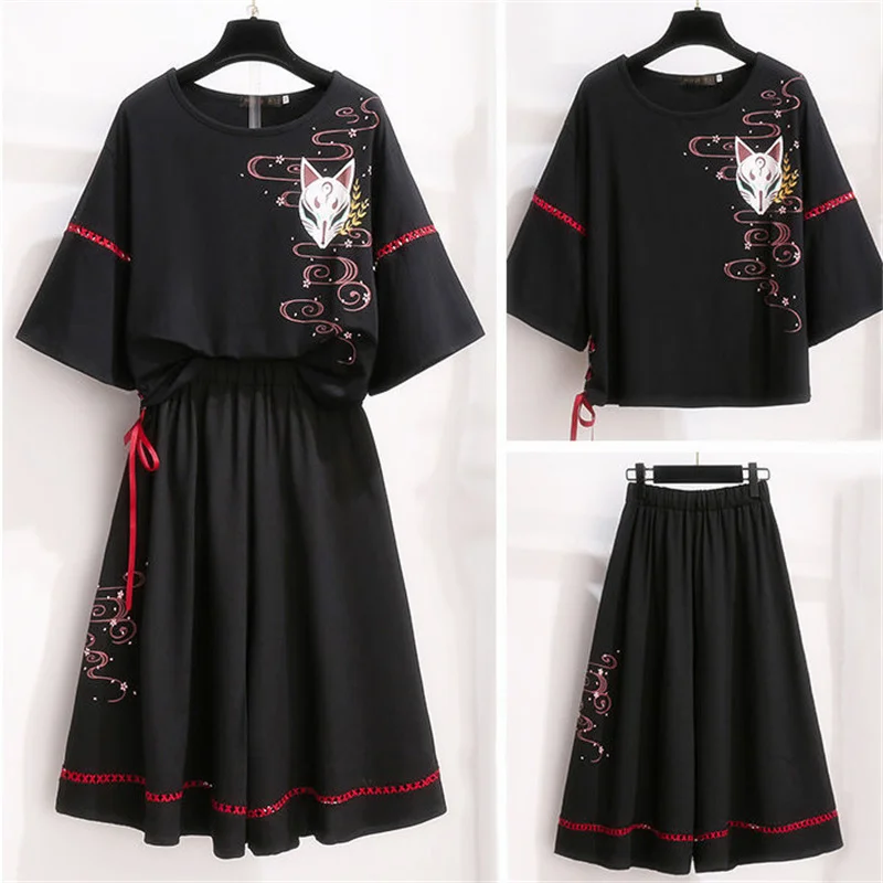 Conjunto de ropa de Lolita de Anime para mujer, Top, disfraz de cinta de zorro japonés, camiseta Kawaii para mujer, falda de pantalones largos de pierna ancha