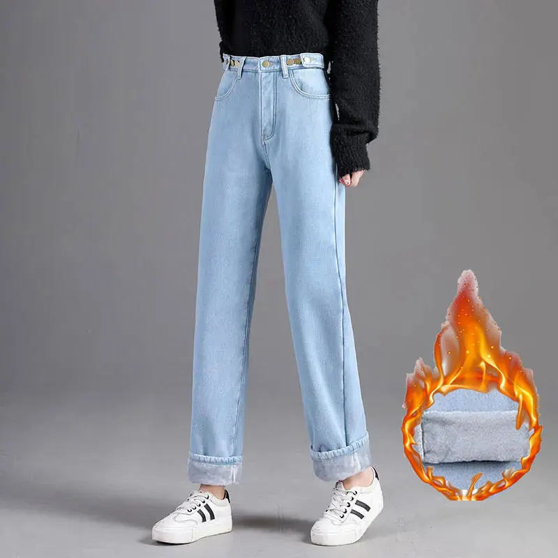 

Winter Plus Velvet High Waist Jeans Female Korean Fashion Button Straight Denim Pants Women Fleece Casual Pants Fall Trousers