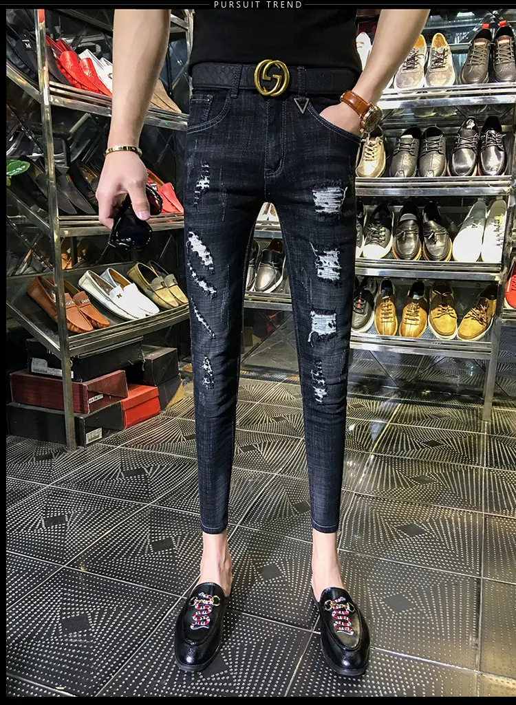 NEW spring autumn skinny strech Casual ripped hole fashion black teenagers hip hop cowboy denim leg jeans men pencil pants
