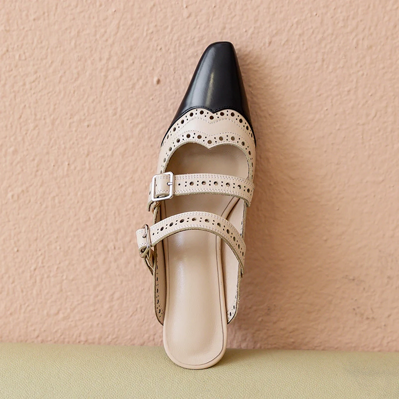 

ISNOM Fashion Women Slippers Buckle Strap Cutouts Genuine Leather Slides Shoes Woman High Heels Mules Mixed Color Summer Shoe