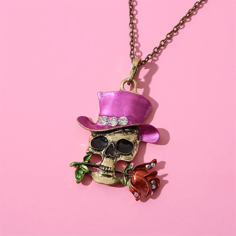 

New exaggerated fashion trend personality wild color skull rose necklace men ghost skull simple pendant women jewelry wholesale