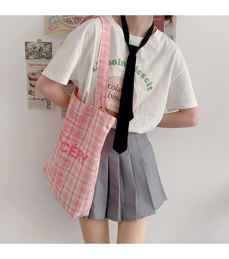 

Ladies Canvas Bag Female Sweet Plaid English Printing Shopping Bag Women Eco-Friendly Handbag Girls Casual Large-Capacity Tote