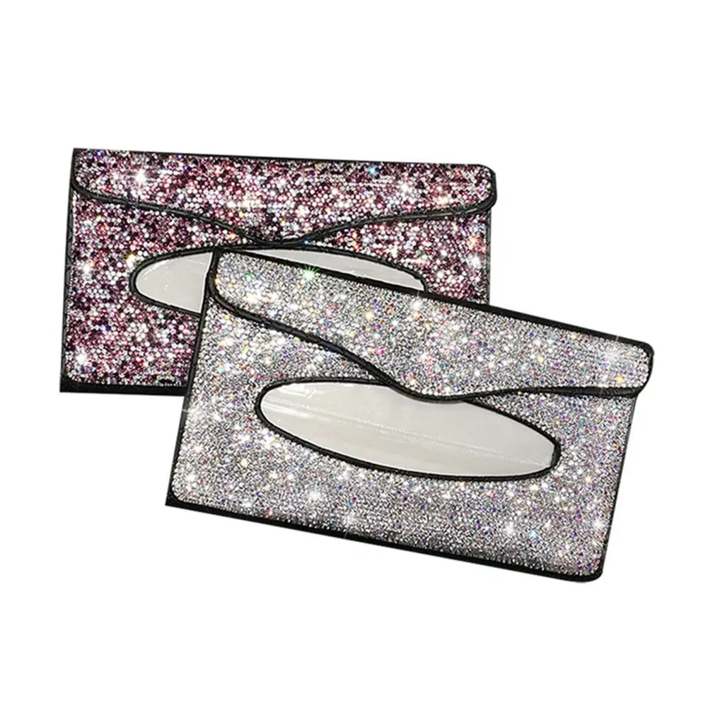 

1 PC Car Styling Interior Cute Tissue Box Sun Visor Tissue Box Holder Leather Paper Case With Crystal Diamond Car Accessories